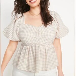 Puff-Sleeve Smocked Seersucker Babydoll Swing Blouse size large